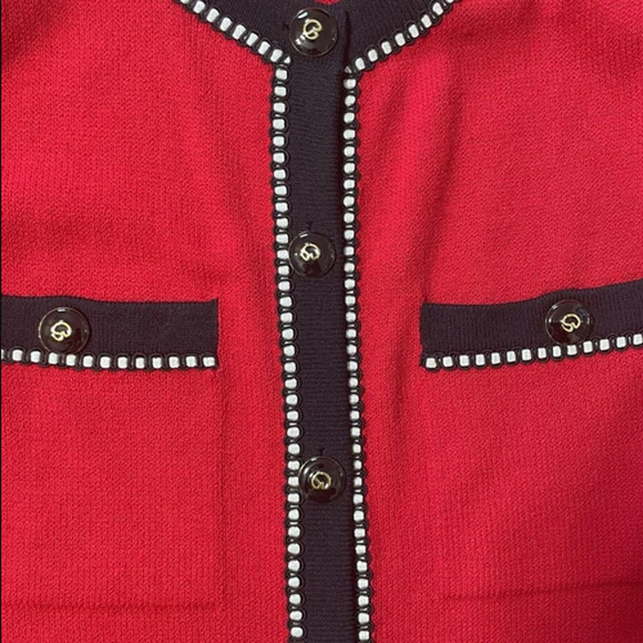 St John Marie Gray 2pc Blazer Skirt Set Womens Size 14 Red USA Buttons STUNNING - Picture 12 of 15